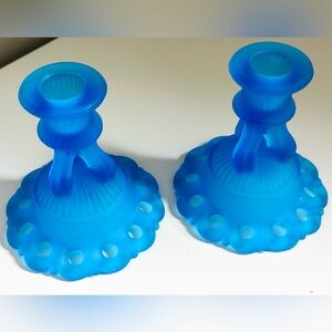 Vintage midcentury blue satin candle holder set